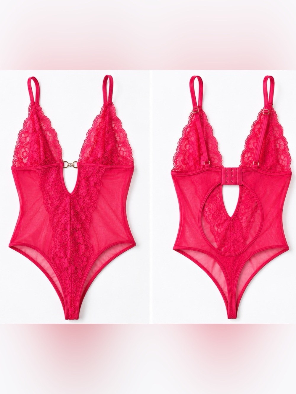 Sheer Lace Plunge Bodysuit in Hot Pink